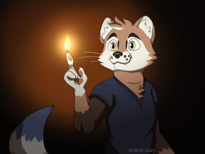 An animated gif of Ardent, looking at a small candle fire he has summoned on the tip of his finger.