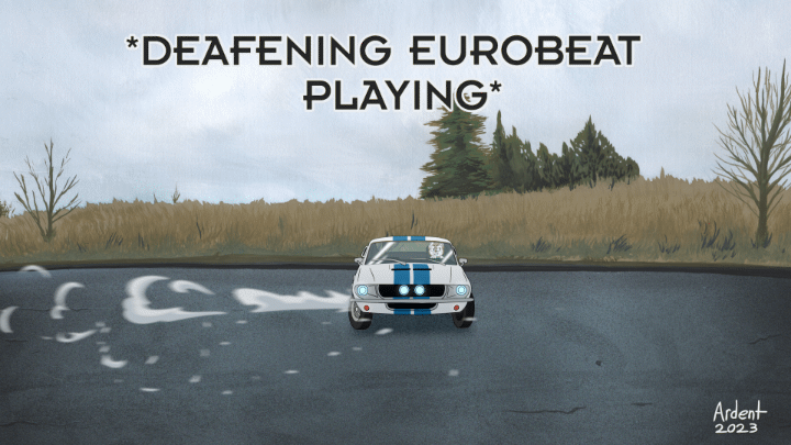 An animated gif of a 1967 Shelby GT Mustang doing donuts on an empty road.