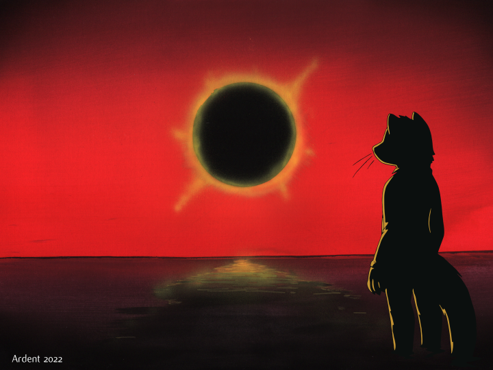 Ardent stands in silhouette, looking towards an eclipsed sun.