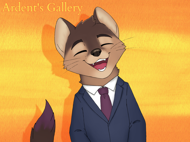 An illustration of a smiling pine marten wearing a well tailored suit.