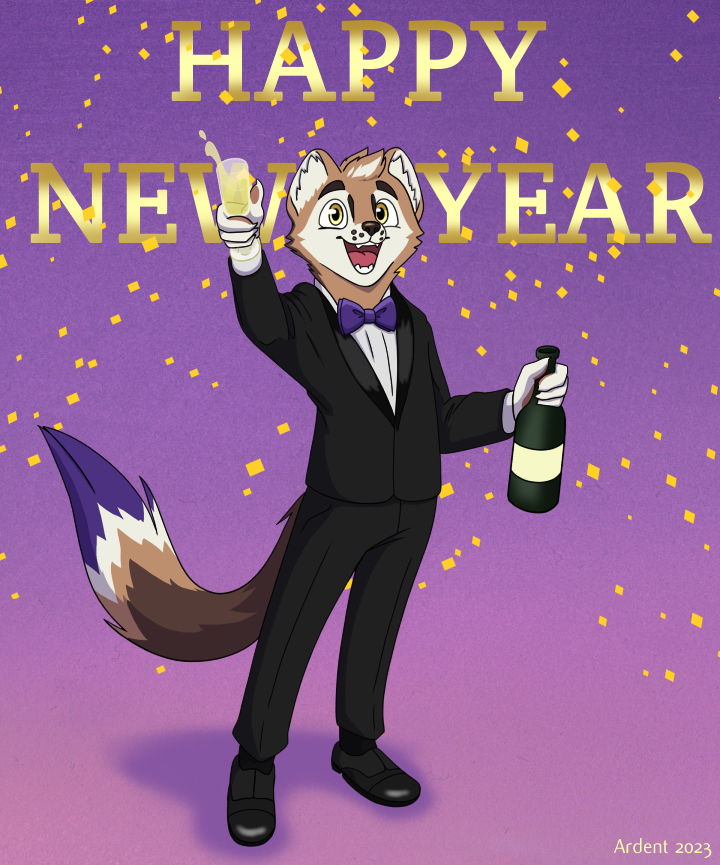 Ardent wearing a tux, holding up a glass of Champagne behind the text Happy New Years.