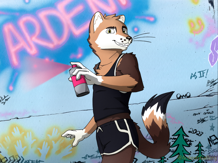 An illustration of Ardent holding a can of spray paint next to a wall covered in graffiti.