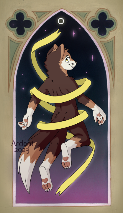 A tarot card style illustration of Ardent posed in a Gothic archway.