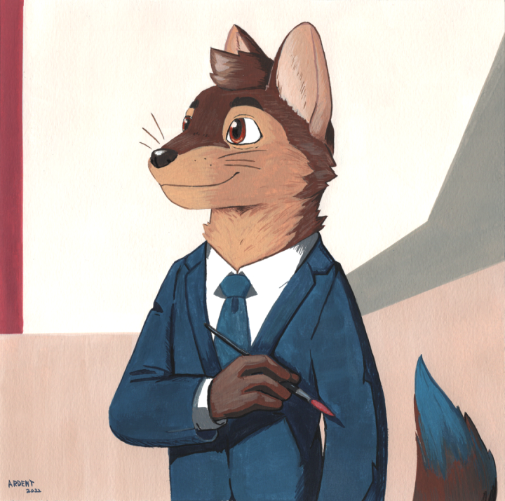 A formal portrait style painting of Ardent wearing a suit and holding a paintbrush.