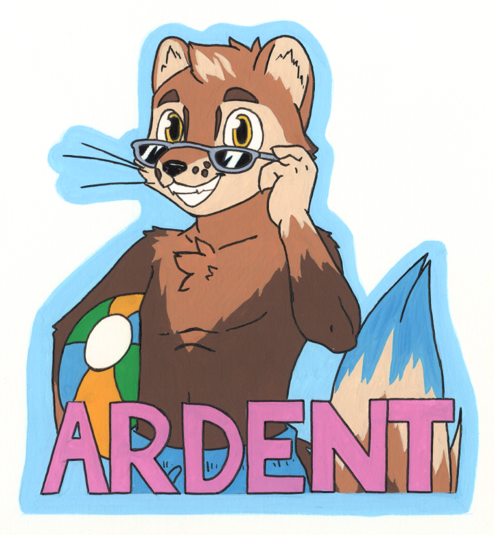 A portrait of Ardent lowering his sunglasses and looking at the viewer, holding a beach ball aunder his arm with the name "Ardent" written at the bottom with bold letters.