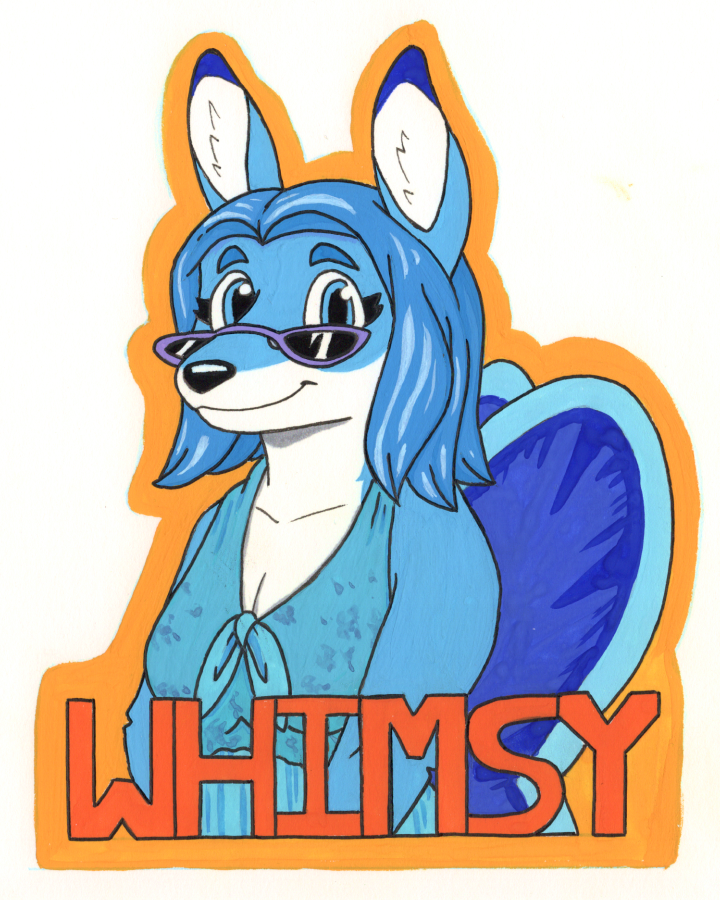 A portrait of Whimsy the fairy-deer looking at the viewer with the name "Whimsy" written at the bottom with bold letters.