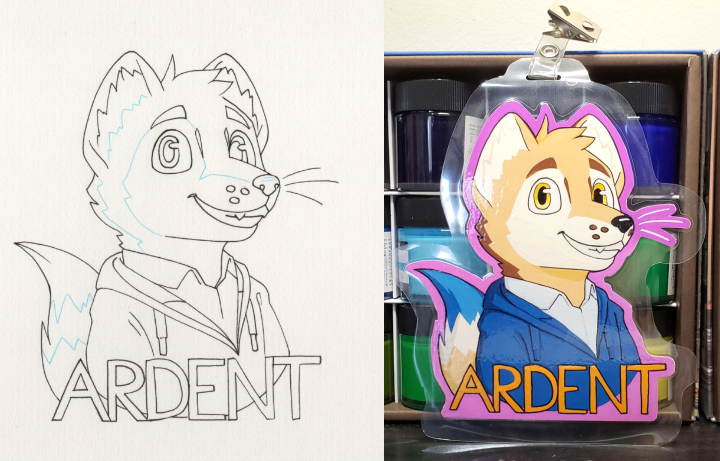 The ink lines for, and a photo of the laminated painting of, Ardent's 2023 convention badge.