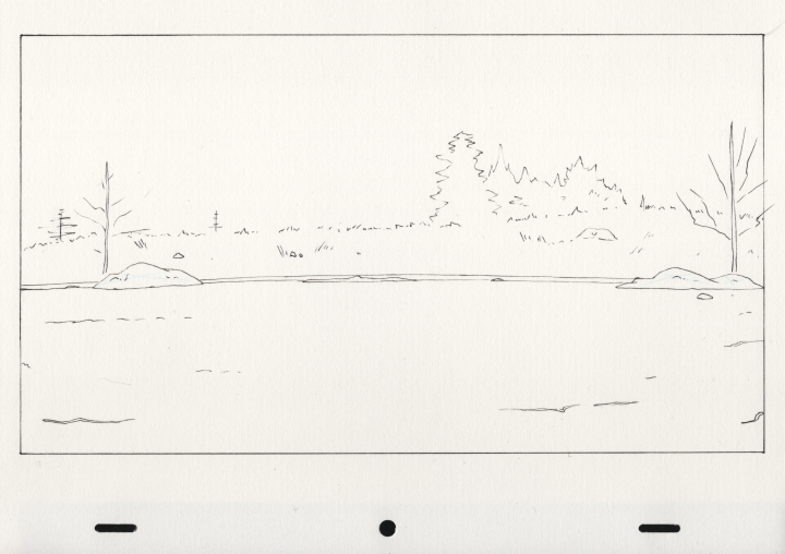 The unpainted line art for the background painting.