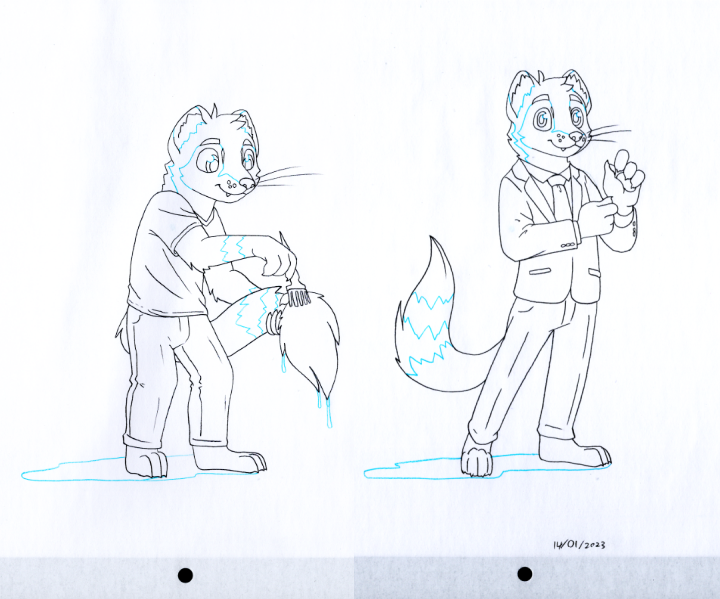 Two poses of pencil art of Ardent dying the tip of his tail.
