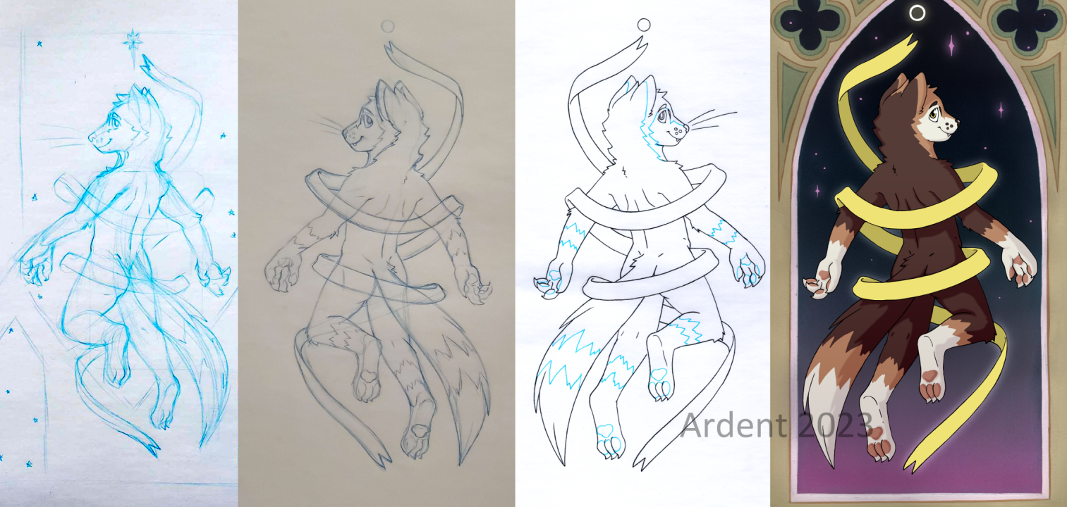 A collage image of the various stages of drawing Ardent's character art.