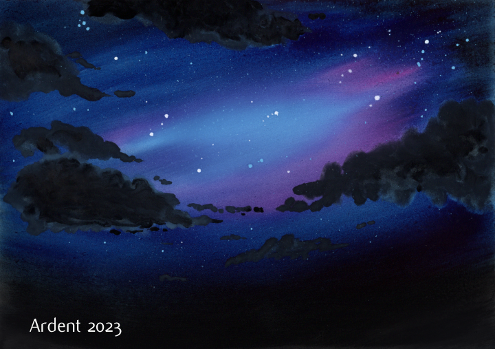 A painting of a night time sky in galaxy blues and purples.