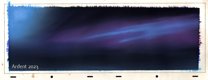 A very long painting of a night time sky in galaxy blues and purples.