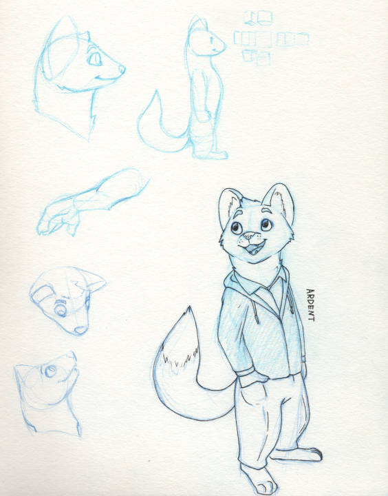 A sketch book page with some blue and black pencil drawings of Ardent.