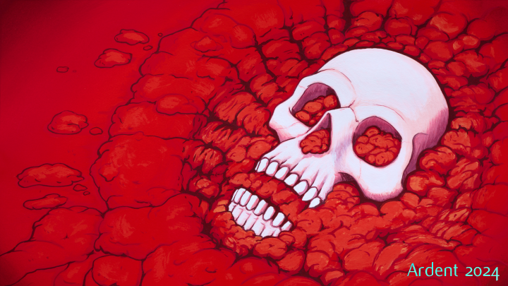 A painting of a partially unearthed human skull.